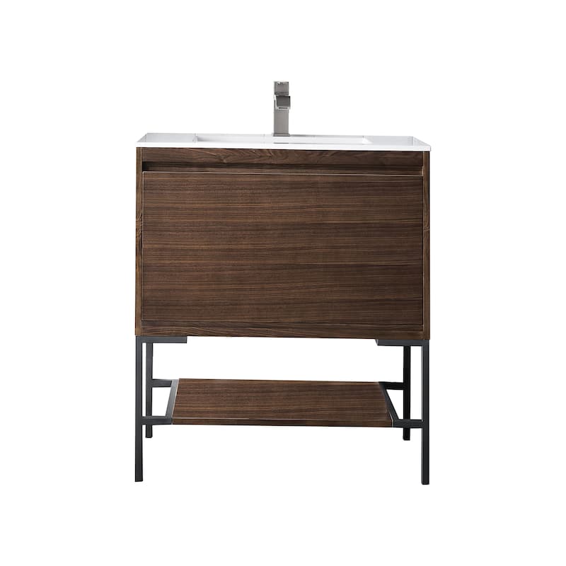 James Martin Vanities Mantova 31.5" Single Vanity Cabinet, Mid-Century Walnut - Matte Black Base, Glossy White Top