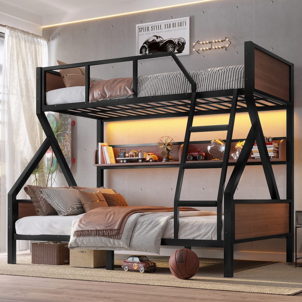 Twin over Full Bunk Bed, Metal Bunk Bed with Storage Shelves and Lights, Space-saving & Noise-free Design, Black
