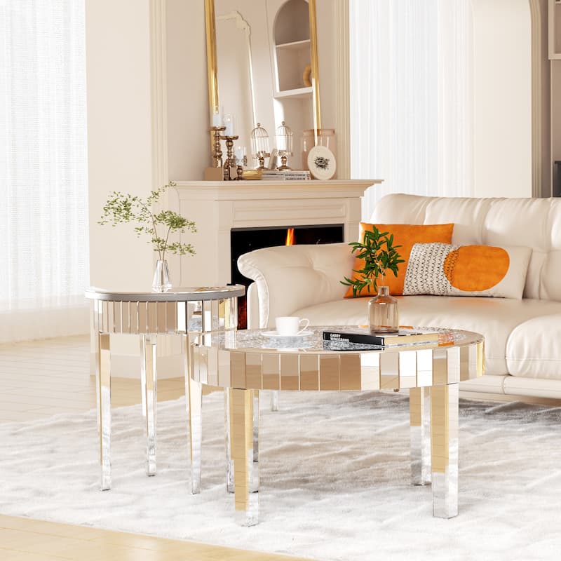 Mirrored Glass Coffee Table with Crystal Diamonds Surface Mirror Beveled Side Table