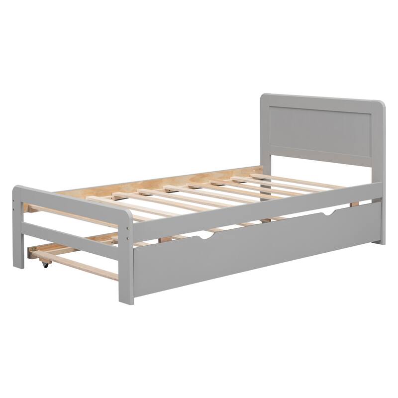 Grey Wood Twin Size Platform Bed Frame with Trundle, Rubberwood & Plywood Construction, Modern Design, Space-saving