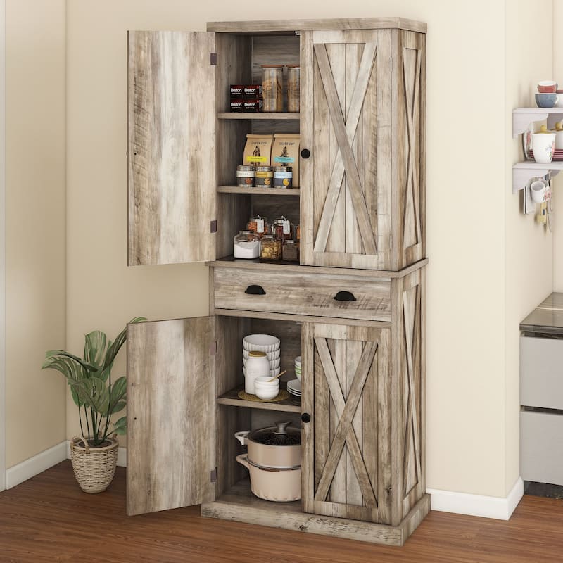 Moasis Farmhouse Freestanding 72'' Kitchen Pantry Storage Cabinet Cupboard with Drawer Adjustable Shelves