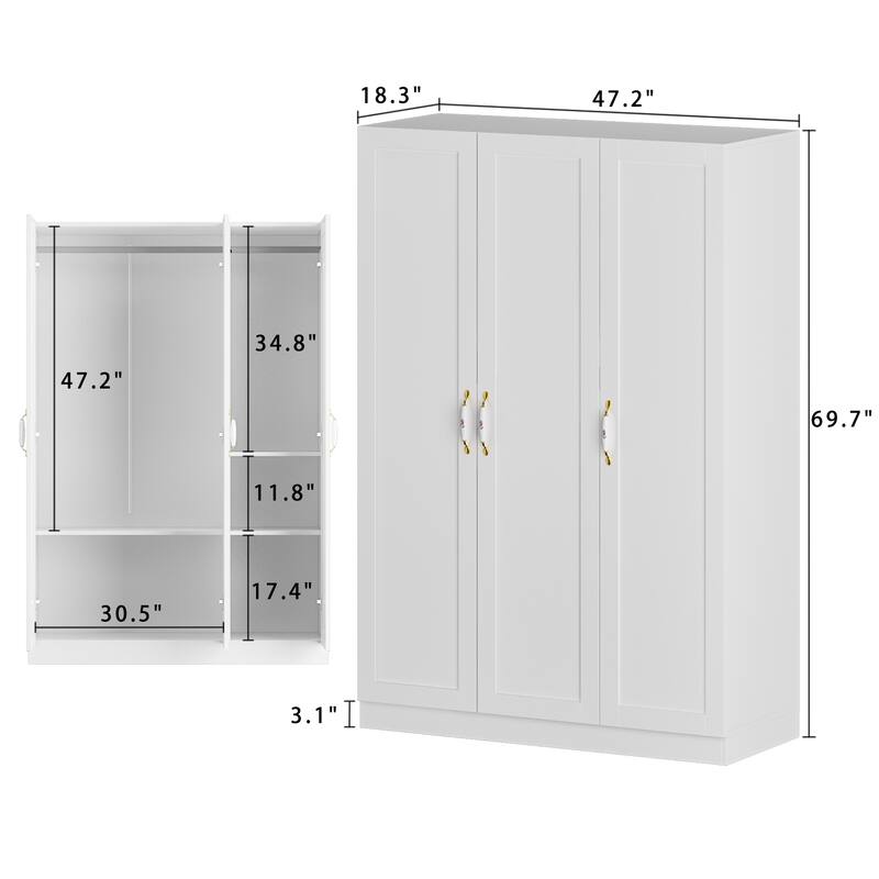47.2"W Armoire with Three Doors ,Two Clothes Rod ,Golden Floral Handle