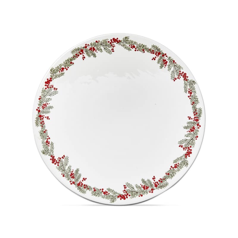 Farmhouse Christmas White with Red Holly Stoneware Pedestal Cake Plate 14.0"