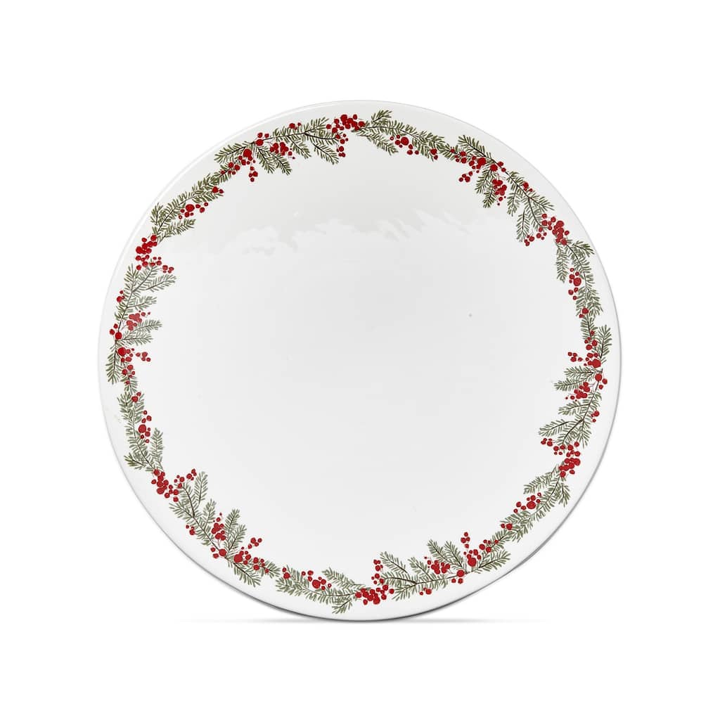 Farmhouse Christmas White with Red Holly Stoneware Pedestal Cake Plate 14.0"
