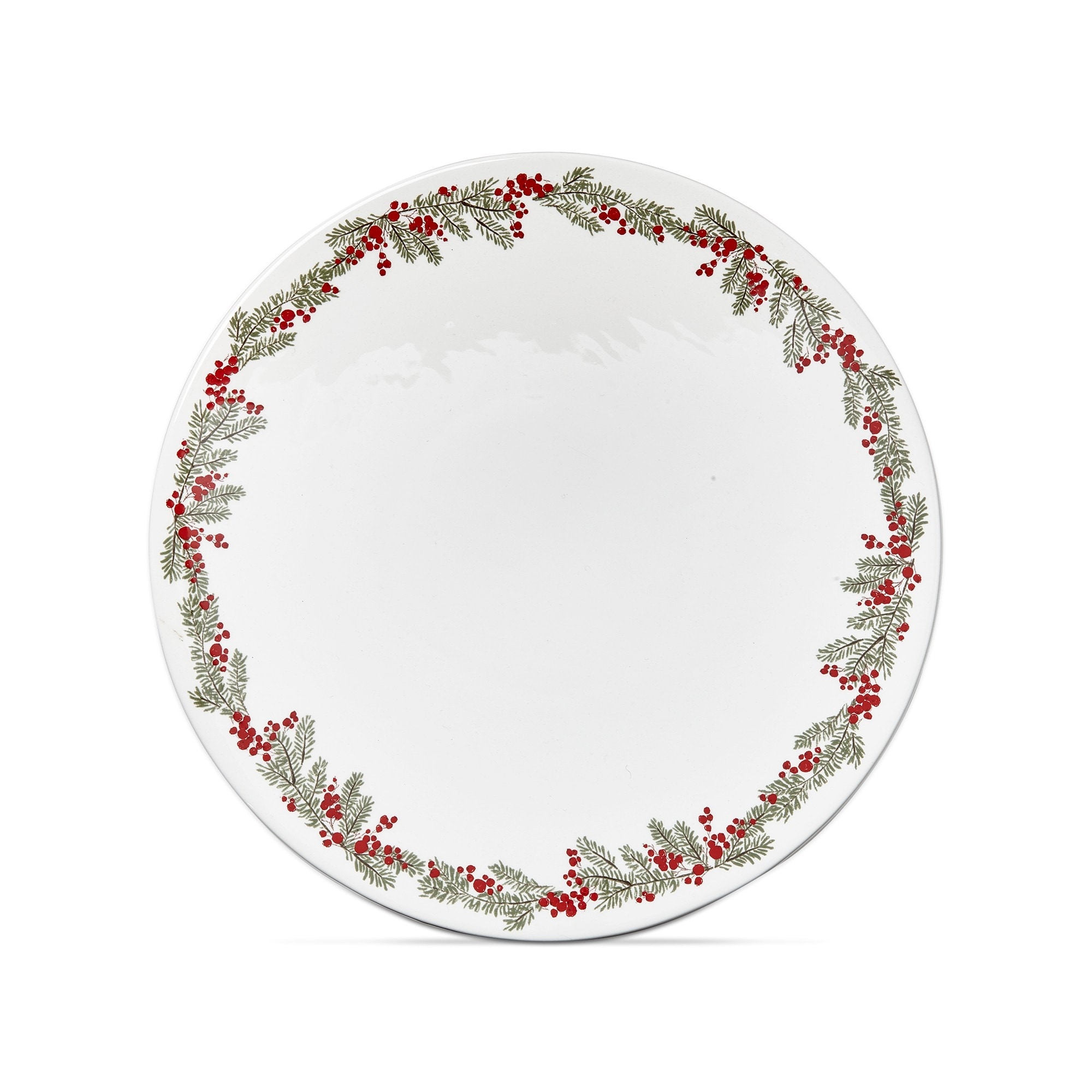 Farmhouse Christmas White with Red Holly Stoneware Pedestal Cake Plate 14.0"