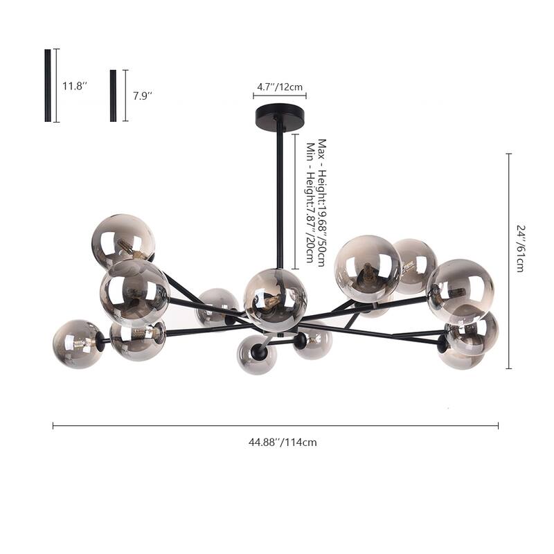 15-Light Modern Linear Sputnik Kitchen Island Light Branch Cluster Glass Globe Bubble Chandelier