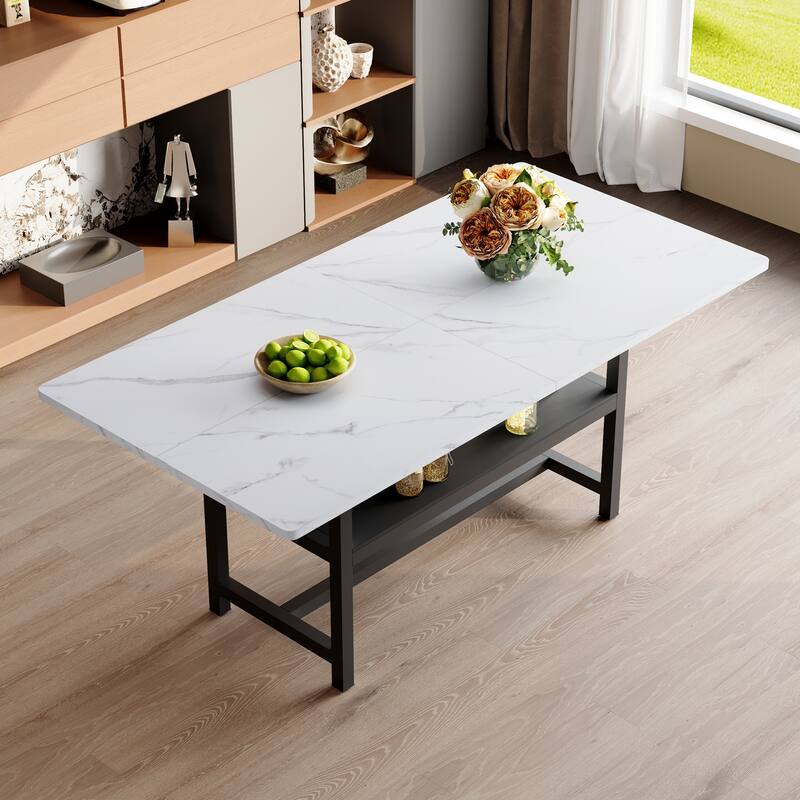 Extra Long Dining Table with Under Table Storage Shelf Black MDF Top Metal Legs Modern Design