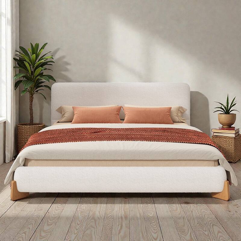 Boucle Upholstered Bed Frame, Soft White Fabric Platform Bed with Solid Wood Legs