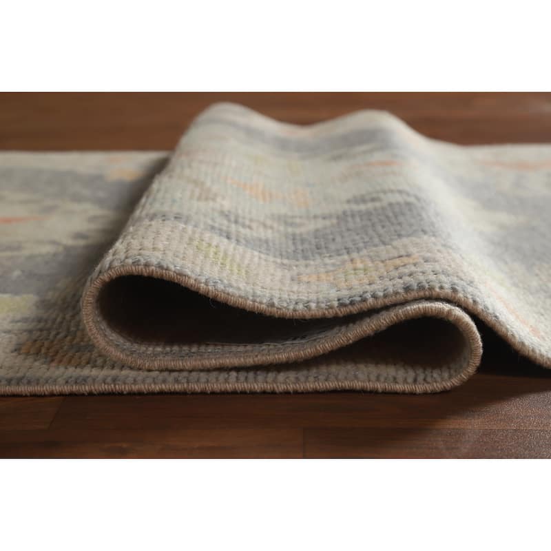 Hand Knotted Oriental 100% Wool Carpet Transitional Geometric Greys & Charcoal Oushak Runner Rug - 8' 4'' X 3' 1''