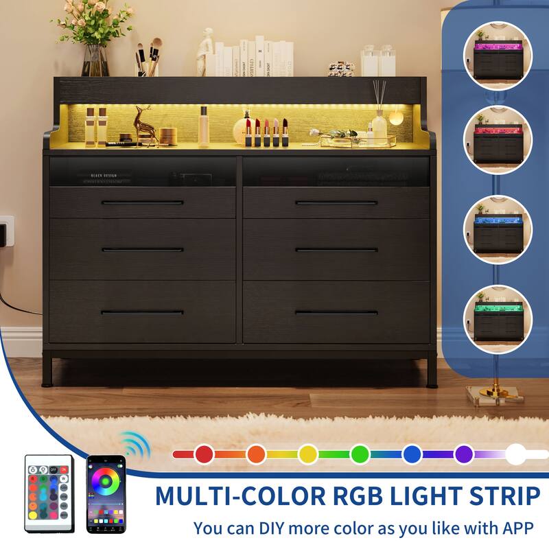 Moasis 6 Drawer Dressers & Chests of Drawers with LED Light Open Shelf Storage
