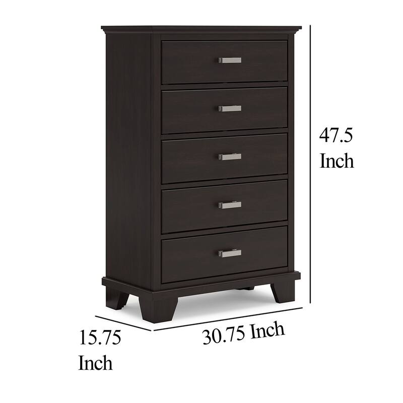 Teno Tall Dresser Chest, 5 Drawers, Nickel, Dark Brown Solid Hardwood