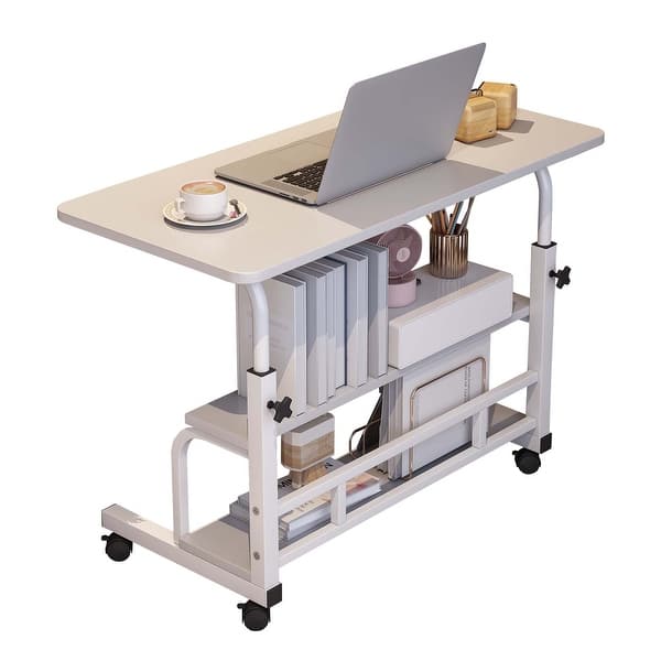 slide 2 of 14, 31.5" Adjustable Height Rolling Desk with Wheels & Storage Shelves, Mobile Standing Desk for Home Office, School White