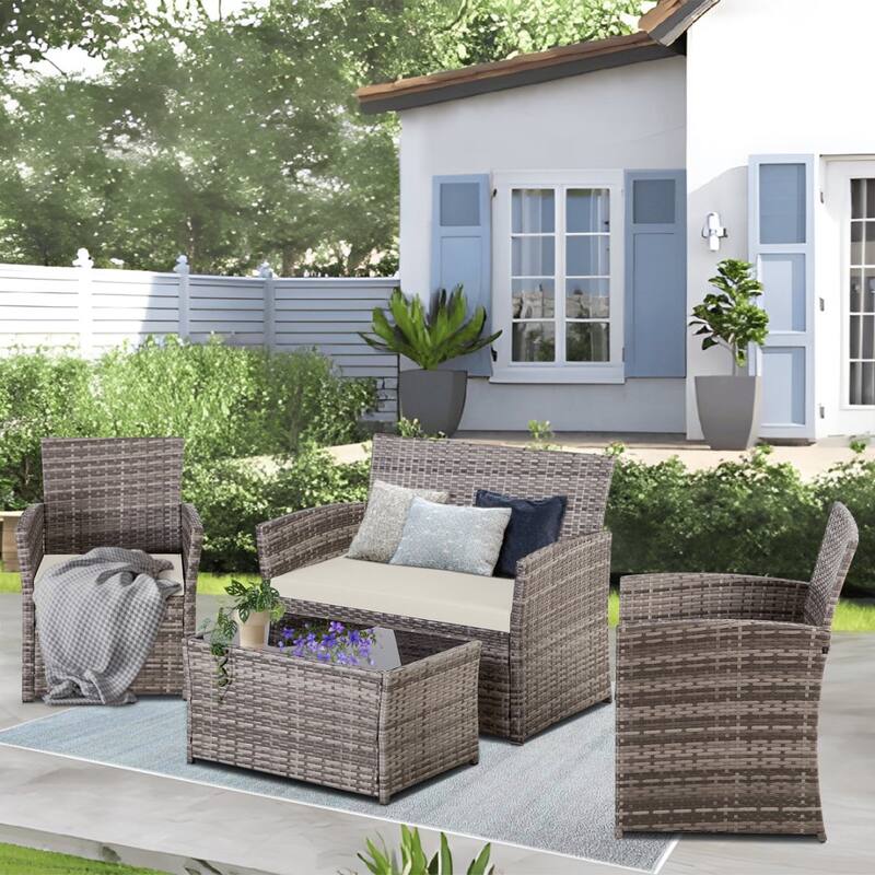 4-Piece Wicker Outdoor Sofa Set, 1 Loveseats, 2 Single Sofas, 1 Table - Beige