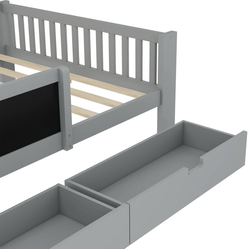 Childlike Fun Solid Wood Low-profile Platform Bed Storage Bed Frame with Side Chalkboard, Open Shelves, Drawers and Guardrails