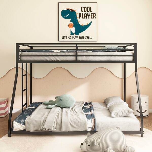 slide 2 of 9, Twin over Full Metal Frame Bunk Bed with Side Ladders and Safety Guardrail, No Box Spring Required Black