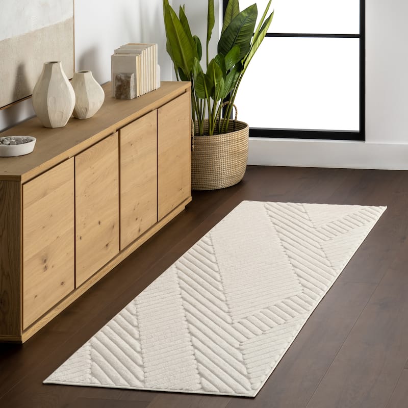 Nuloom Amal High-Low Geometric Indoor/ Outdoor Area Rug - 2'6" x 8' Runner - Cream