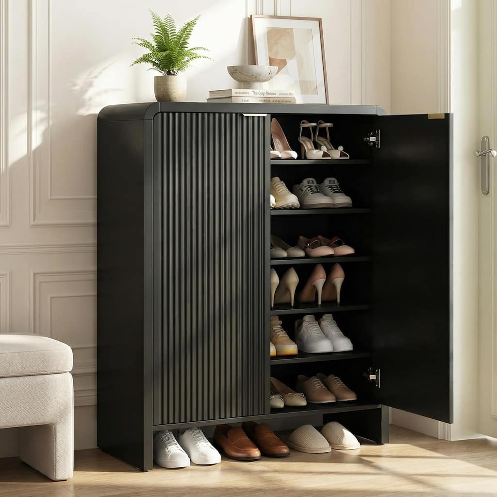 6-Tier Shoe Cabinet with Doors, 25 Pairs Fluted Entryway Shoe Storage Cabinet with Shelf - 33.46" W × 13.78" D × 43.31" H