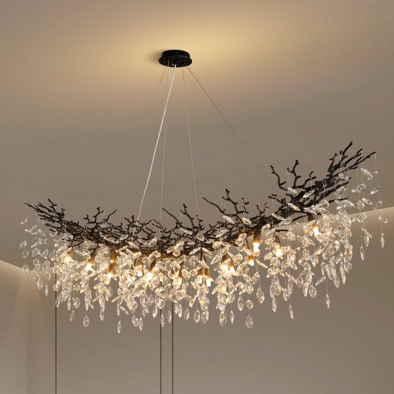 Modern Branch Crystal Linear Chandelier, 1100-1830mm Dining Pendant Light - L1500 - Black