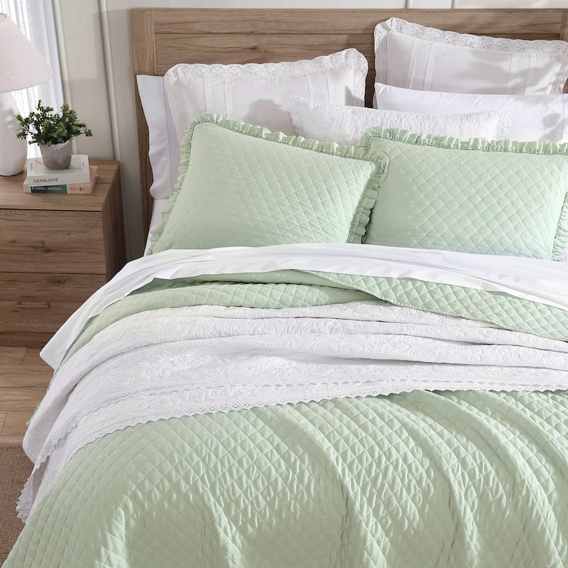 Laura Ashley Claire Ruffled Reversible Green Quilt Set