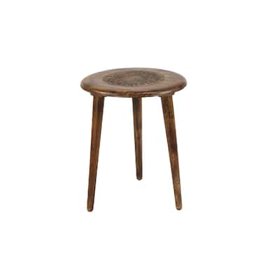 Mango Wood Floral Handmade Intricately Carved Accent Table with Tripod Legs - Brown or Dark Brown - Roche River Decor