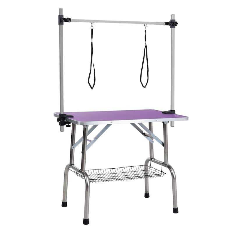 36 inch Folding Dog Pet Grooming Table Stainless Steel Frame Rubber Mat - Purple
