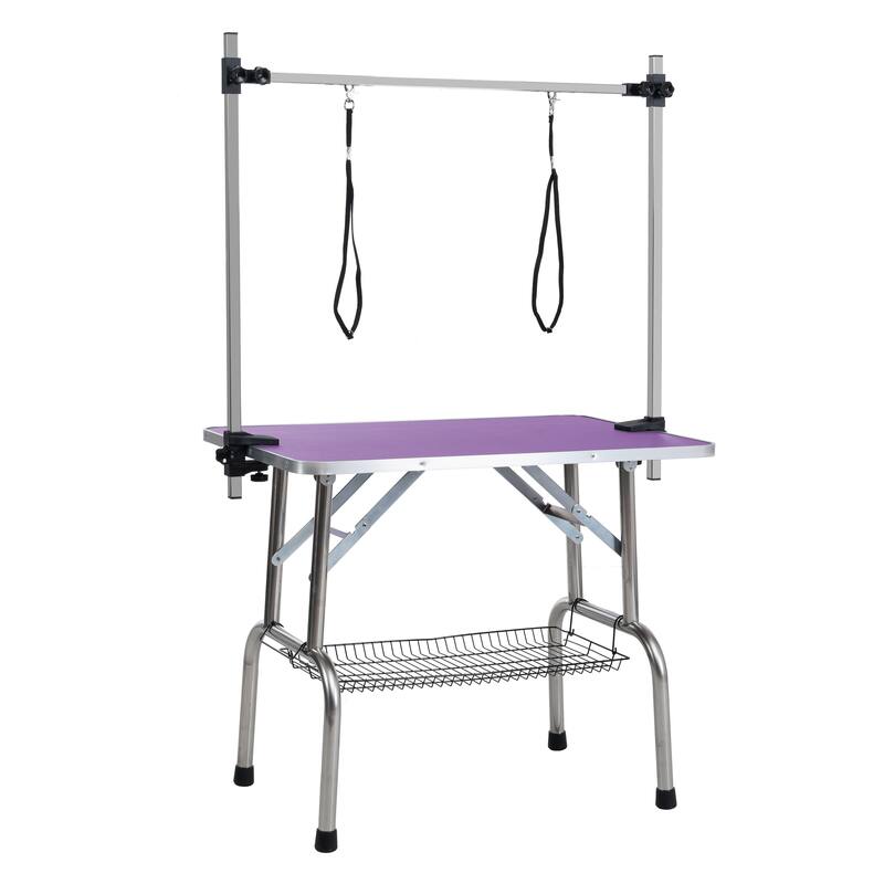 Anmytek Folding Pet Grooming Table Stainless Steel Frame Non Slip Purple Rubber Top with Safety Restraints and Storage Basket