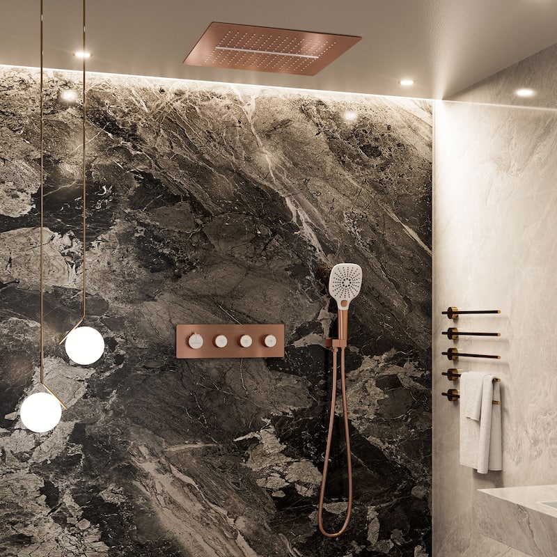 Luxury Thermostatic Shower System 5-Spray Patterns 16" Ceiling Mount Fixed and Handheld Shower Head - 15.7" x 15.7"