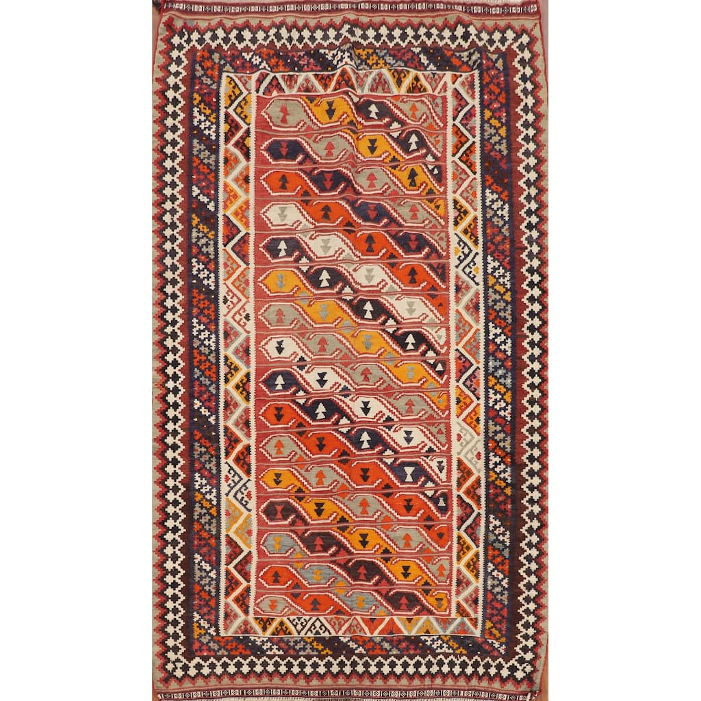 Vegetable Dye Kilim Qashqai Persian Vintage Rug Hand-Woven Wool Carpet - 5'1"x 8'8"