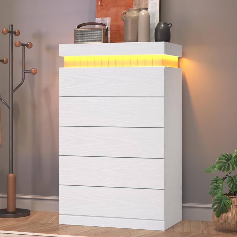 Bedroom Dresser Drawers with LED Light Power Outlet Chest of Drawer - White - 5-drawer