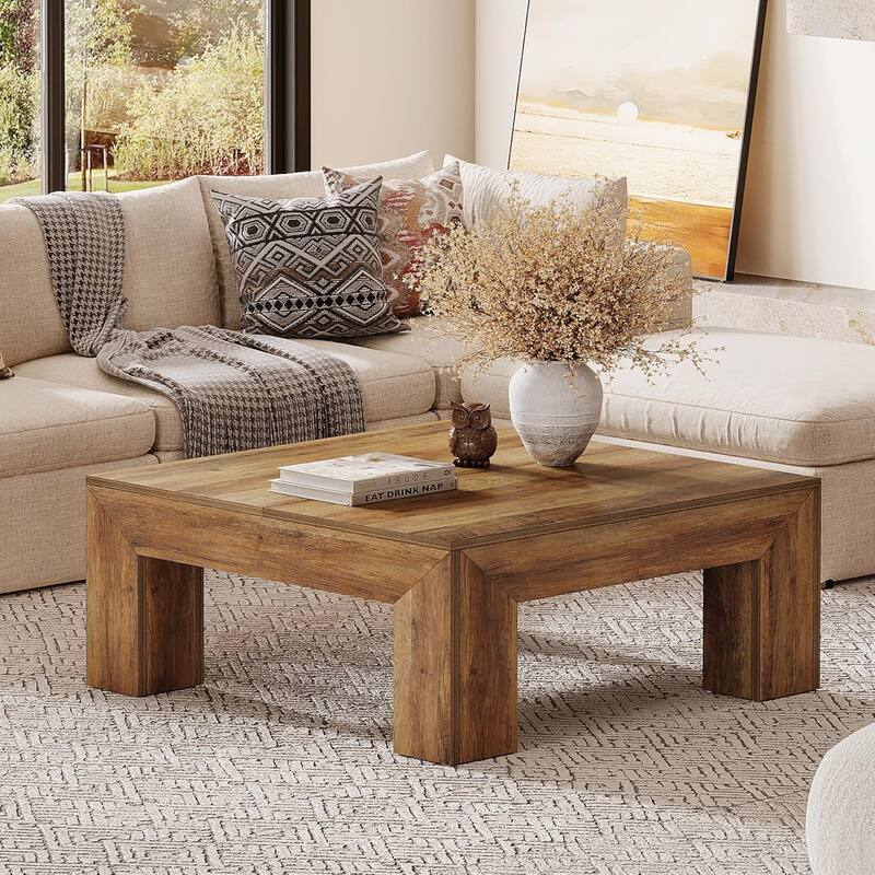 Farmhouse Square Coffee Table for Living Room, 39.37-Inch Low Large Center Tea Accent Table