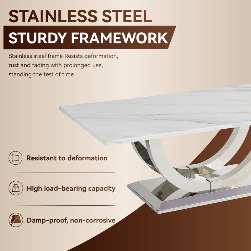 50.4 Inch Modern Rectangular Coffee Table,Marble Pattern MDF Top, Silver Stainless Steel Base.