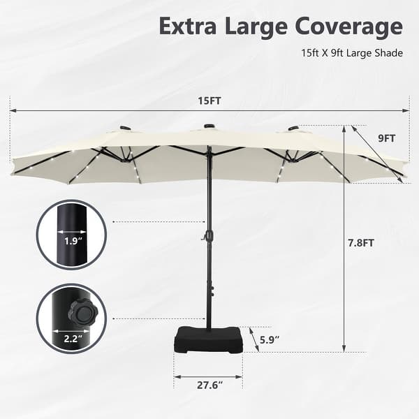 dimension image slide 3 of 15, MAISON ARTS 15-foot Rectangular Crank Double-sided Outdoor Market Umbrella Solar LED Lighted Patio Umbrella with Base Included