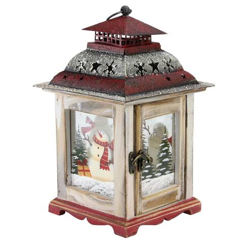 11.75" Rustic Wooden Snowman Holiday Scene Christmas Candle Lantern
