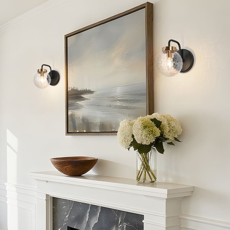 Modern Farmhouse Black Gold 1-Light Wall Sconces Globe Bathroom Vanity Lights - Light fixture: W 5" x D 8" x H 7.5"