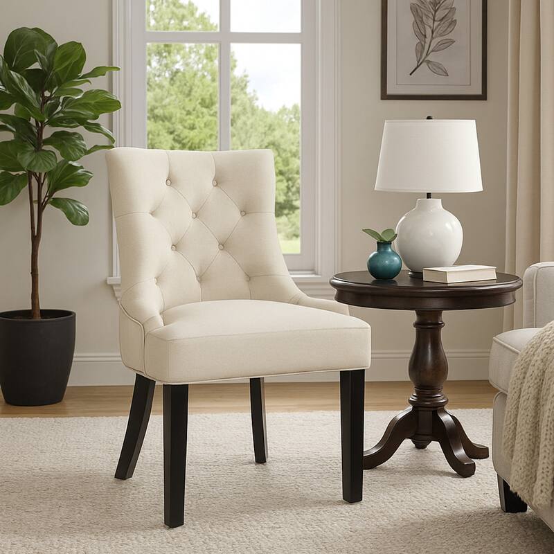 Chen Dining Chair Set of 2, Beige Fabric Upholstered Tufted Backrest