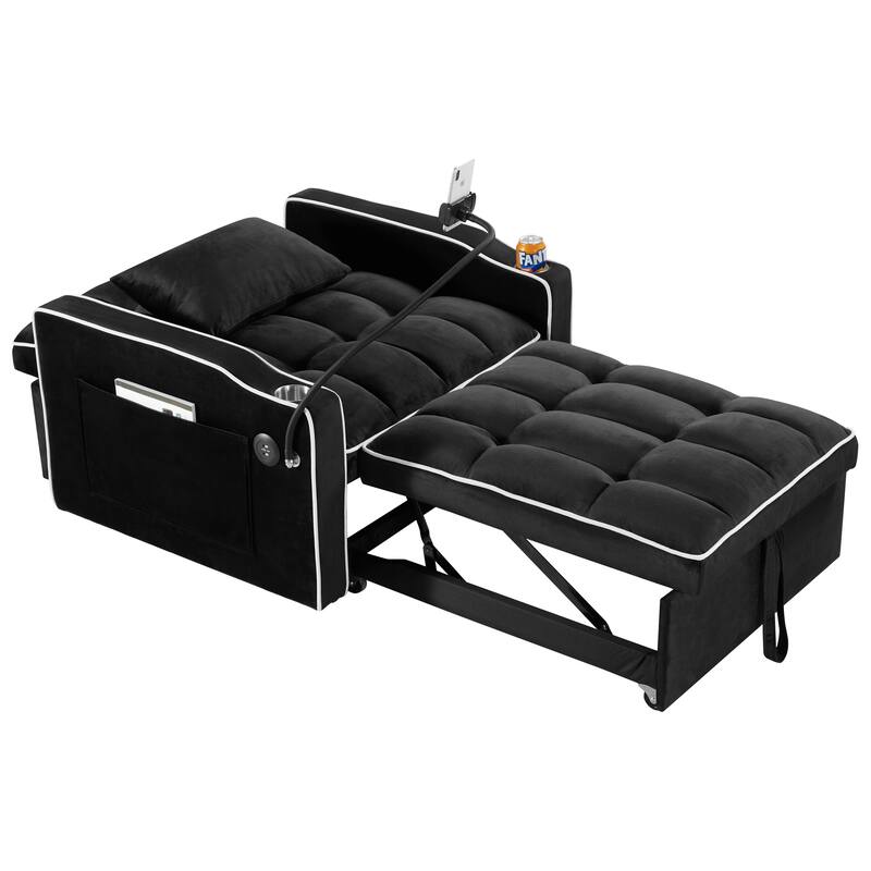 Sleeper Chair Sofa Bed with USB & Type-C Charging, Pull-Out Chaise Lounge, and Cup Holders