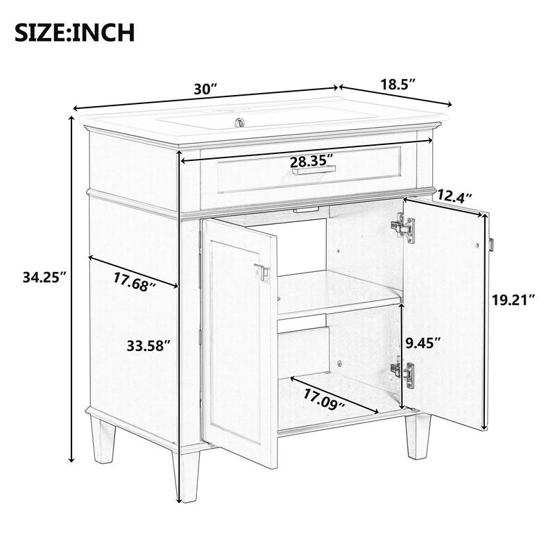 30" Bathroom Vanity with Ceramic Sink, Soft-Close Doors, Adjustable Shelf, 4" Faucet Ready