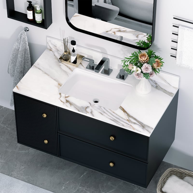 43 Inch Bathroom Marble Vanity Top,Undermount Middle Sink,4" Height Backsplash,Pre-Drilled 8 Inch Faucet Hole Spread Vanity Top - White Marble
