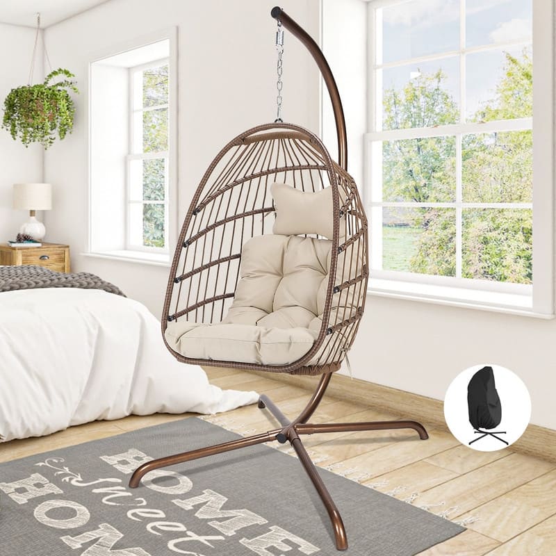 FINCATI Indoor Royal Oversized Hanging Egg Chair with Stand, 350 lbs Outdoor Egg Swing Chair with Stand, Cozy Egg Chair Swing - Brown/Cover