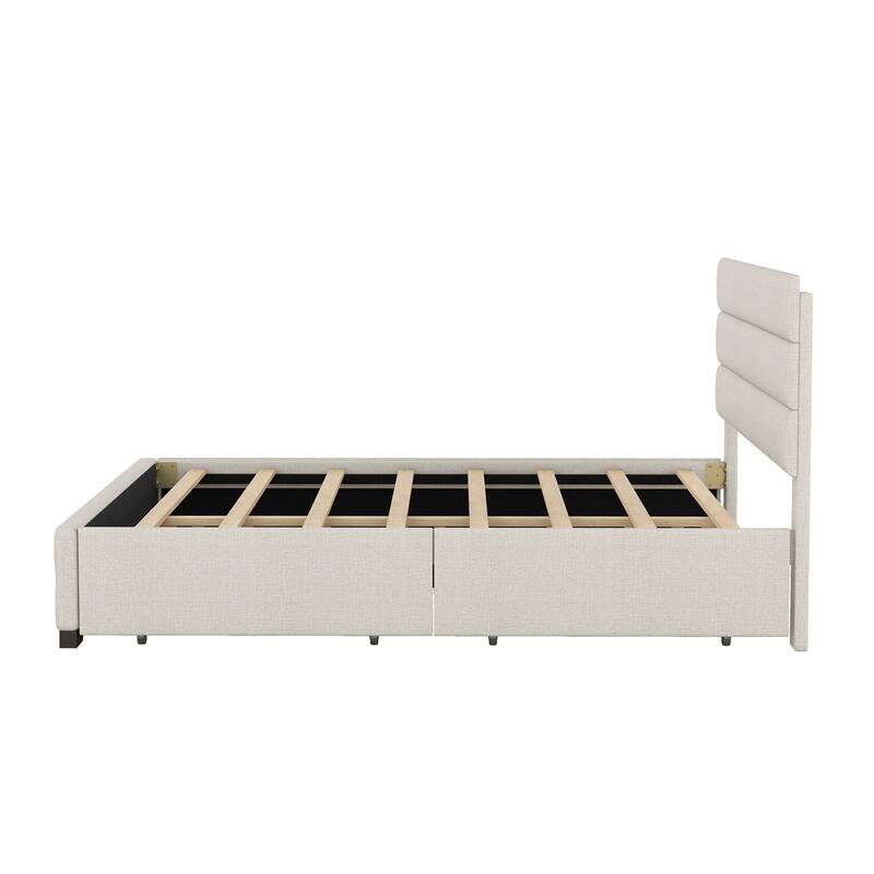 Roomfitters Queen Upholstered Platform Bed with Twin Trundle and Side Compartments for Extra Storage, Beige