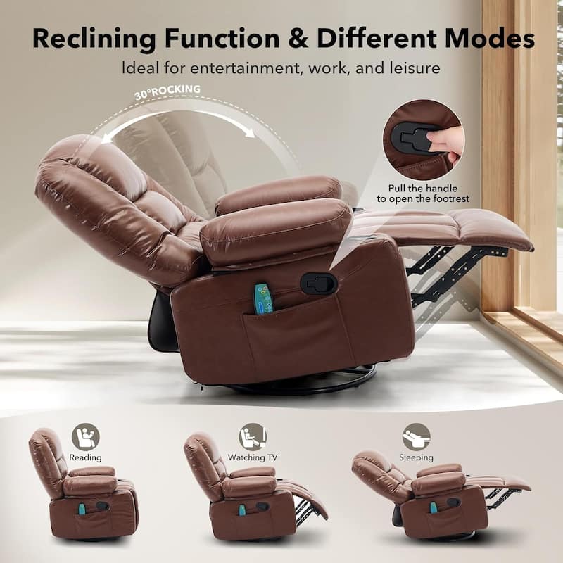 360° Swivel PU Leather Massage and Heating Rocker Recliner Chairs for Living Room, Bedroom