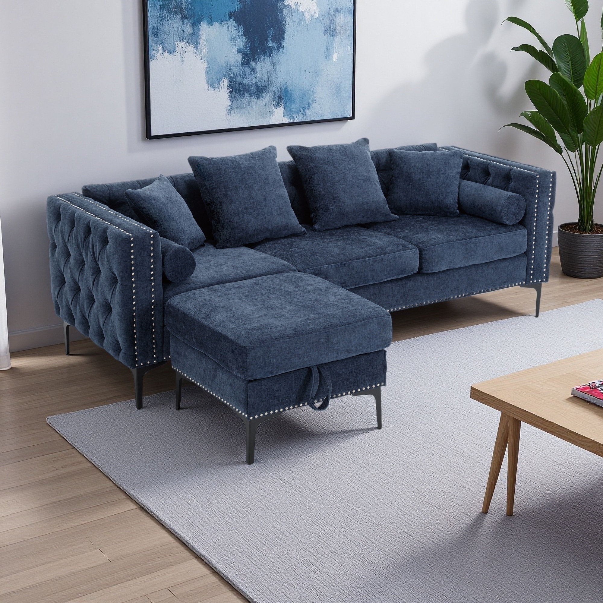 85" Chenille L-Shaped 3-Seater Sectional Sofa with Storage Ottoman & Nailhead Trim