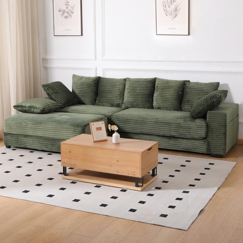 108.66" Thickened Corduroy Sectional Sofa with Storage Ottoman & Throw Pillows