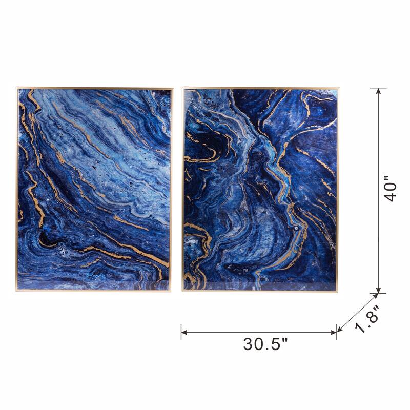 Set of 2 Blue and Gold Framed Art Panels, Unique Marbled Design, 30.5" x 40"