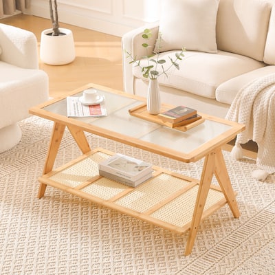2-Tier Rectangular Coffee Table, Glass Top Sofa Table - 39.4"L x 19.7"W x 19.7"D