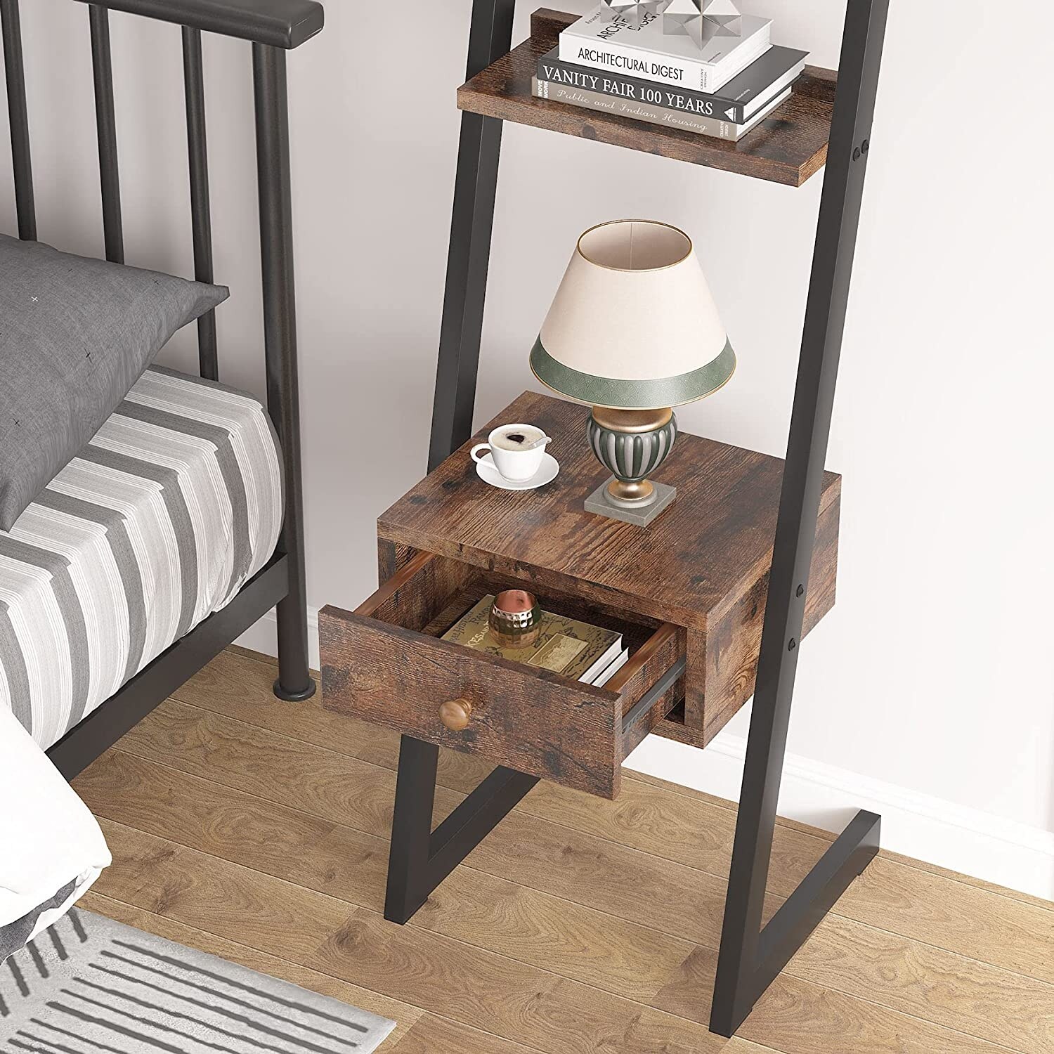 Nightstand, Retro Tall Bedside Table with 3 Hooks and Shelf, 3-in