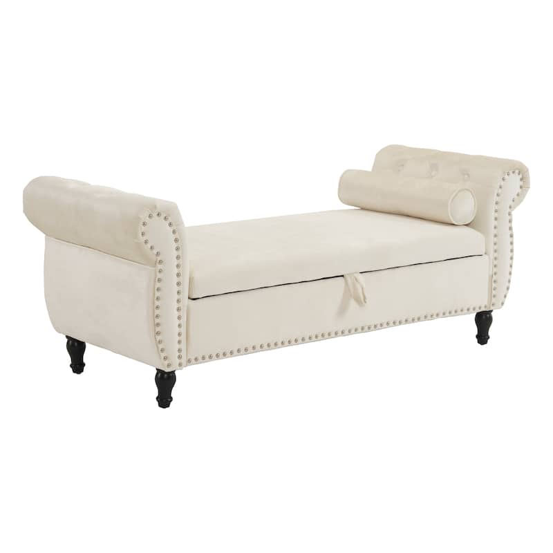 51.25" Velvet Storage Ottoman Bench with Rolled Arms and Wood Legs