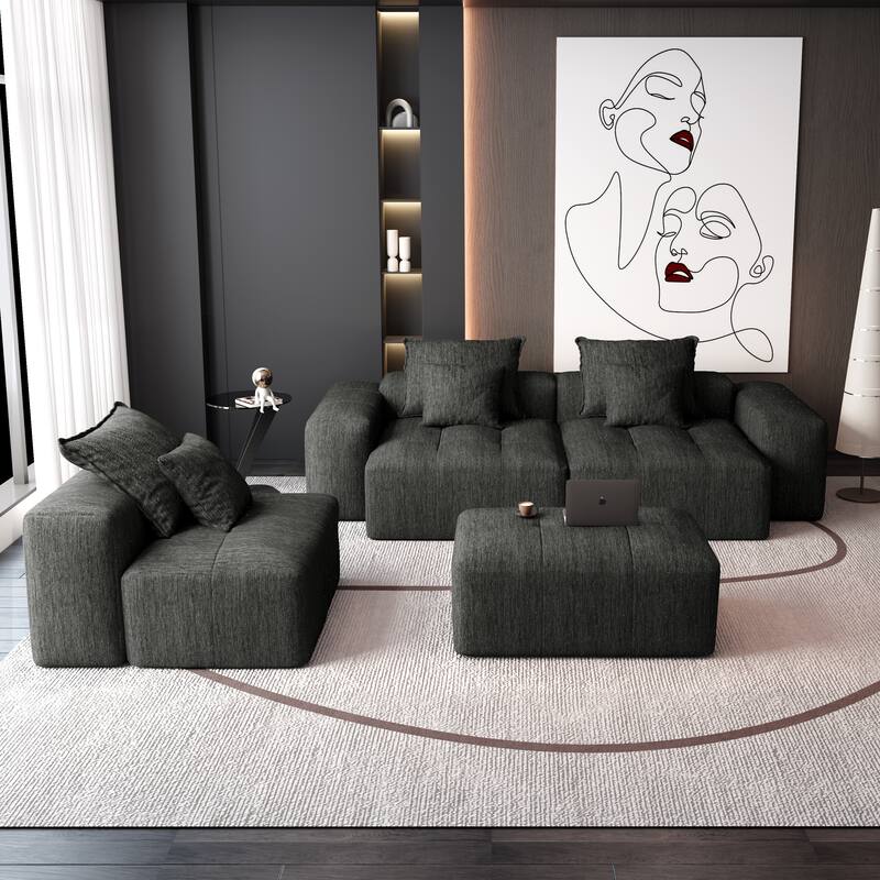 Modern Oversized Chenille Modular Sectional Sofa Tufted Sofa with 6 Pillows and Ottoman for Living Room