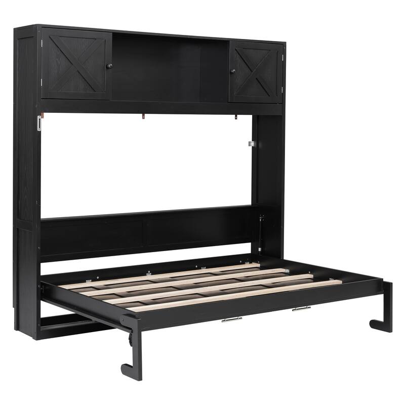 Black Murphy Bed Full Size Foldable Platform Bed with Top Storage Cabinets, Space Saving Cube Cabinet Bed Frame