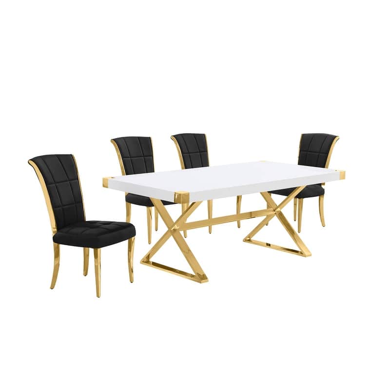 Best Quality Furniture D440/1-SC320-7 Dining Set 78" White Lacquer Wood Top - Black/Gold - 5-piece